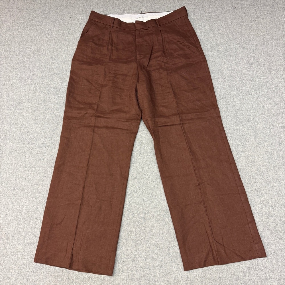 MNG Mango Linen Pleated Wide Leg Dress Pants Size 12 Brown Trousers High Rise